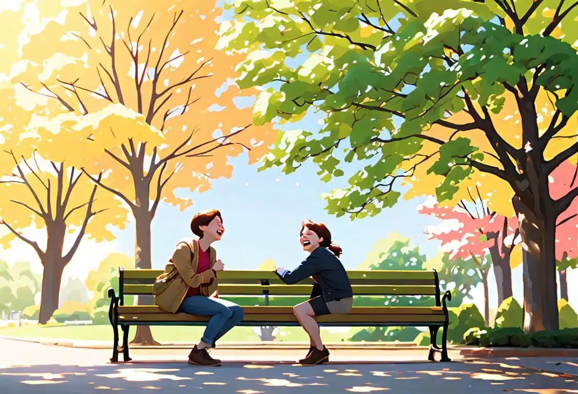 Two friends laughing while sitting on a park bench, wearing casual clothing, surrounded by trees and sunshine..