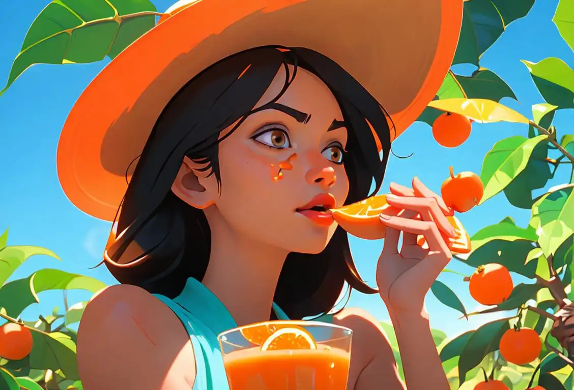 A person taking a sip of freshly squeezed orange juice, wearing a sun hat, surrounded by lush orange groves..