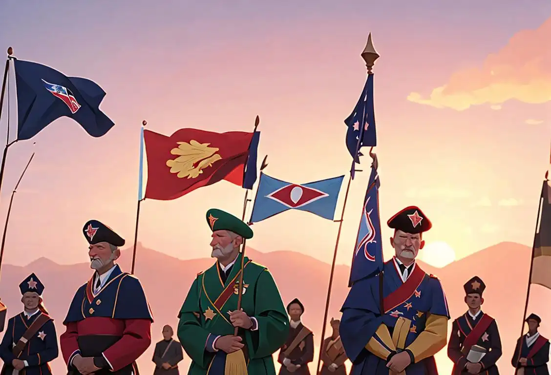 A group of diverse people dressed in their national costumes, holding flags, with a beautiful sunset backdrop..