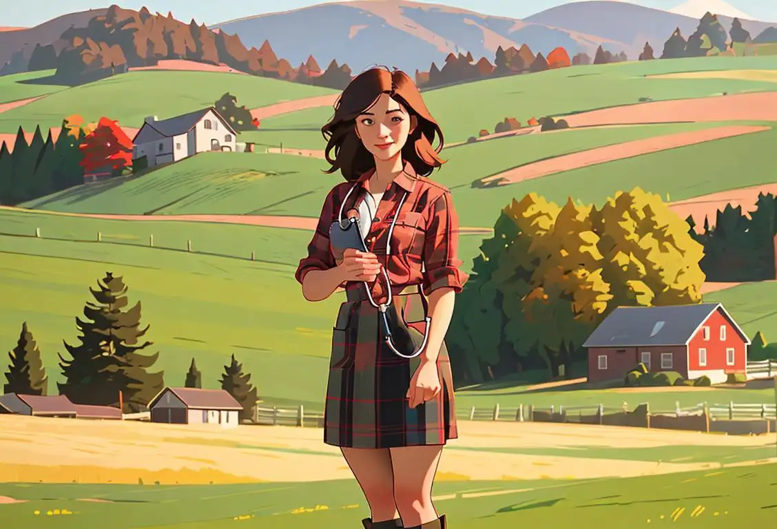 Young woman holding a stethoscope, wearing a plaid shirt and cowboy boots, standing in a picturesque rural landscape with rolling hills and a red barn in the background..