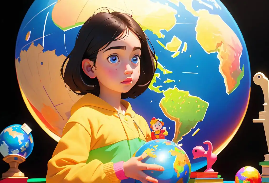 Young girl holding a world globe, dressed in a colorful outfit, surrounded by books and educational toys..