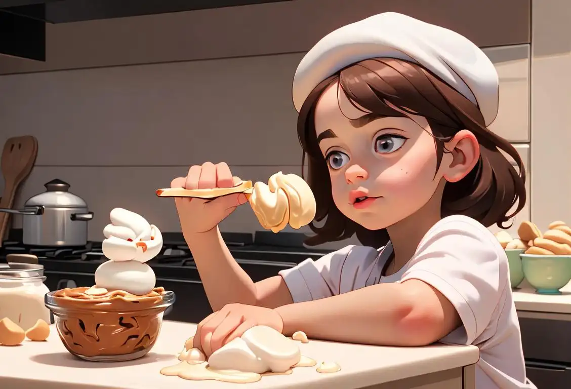 Young child spreading fluffernutter on bread, wearing a chef hat and apron, in a colorful kitchen with jars of marshmallow fluff and peanut butter in the background..