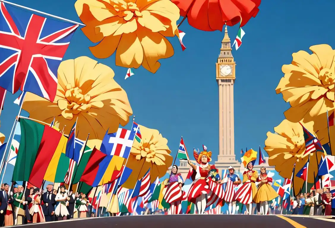 Group of diverse people in national costumes, holding flags of their countries, celebrating National Capital at Independence Day in a vibrant city parade..