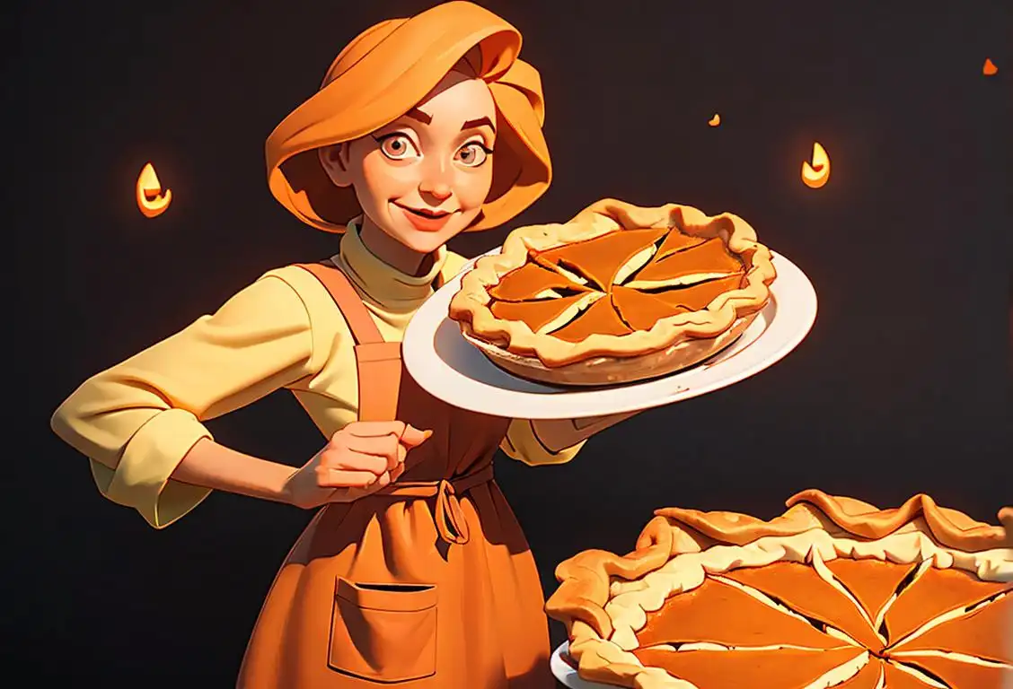 A person, wearing an apron, happily holding a pumpkin pie with a festive autumn backdrop..