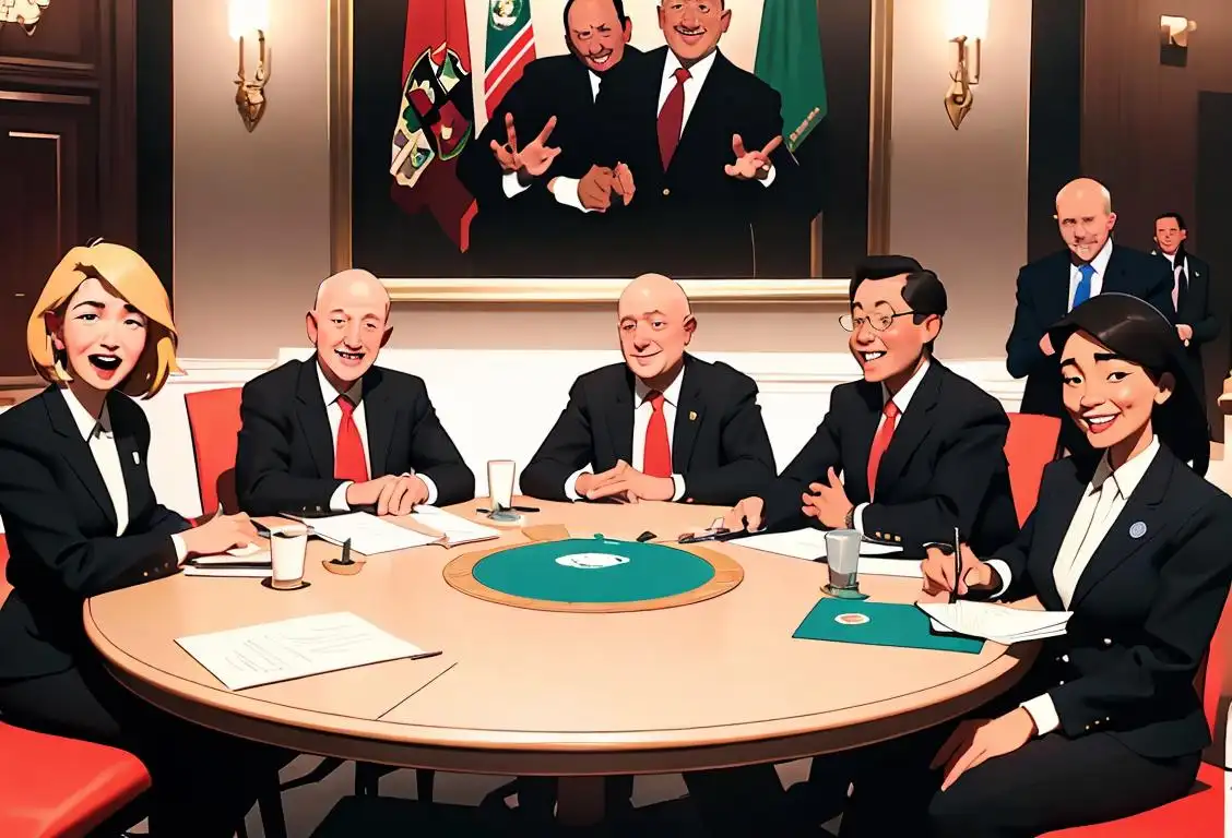 A diverse group of people in business attire gathered around a table, discussing national security and sharing a hearty laugh..