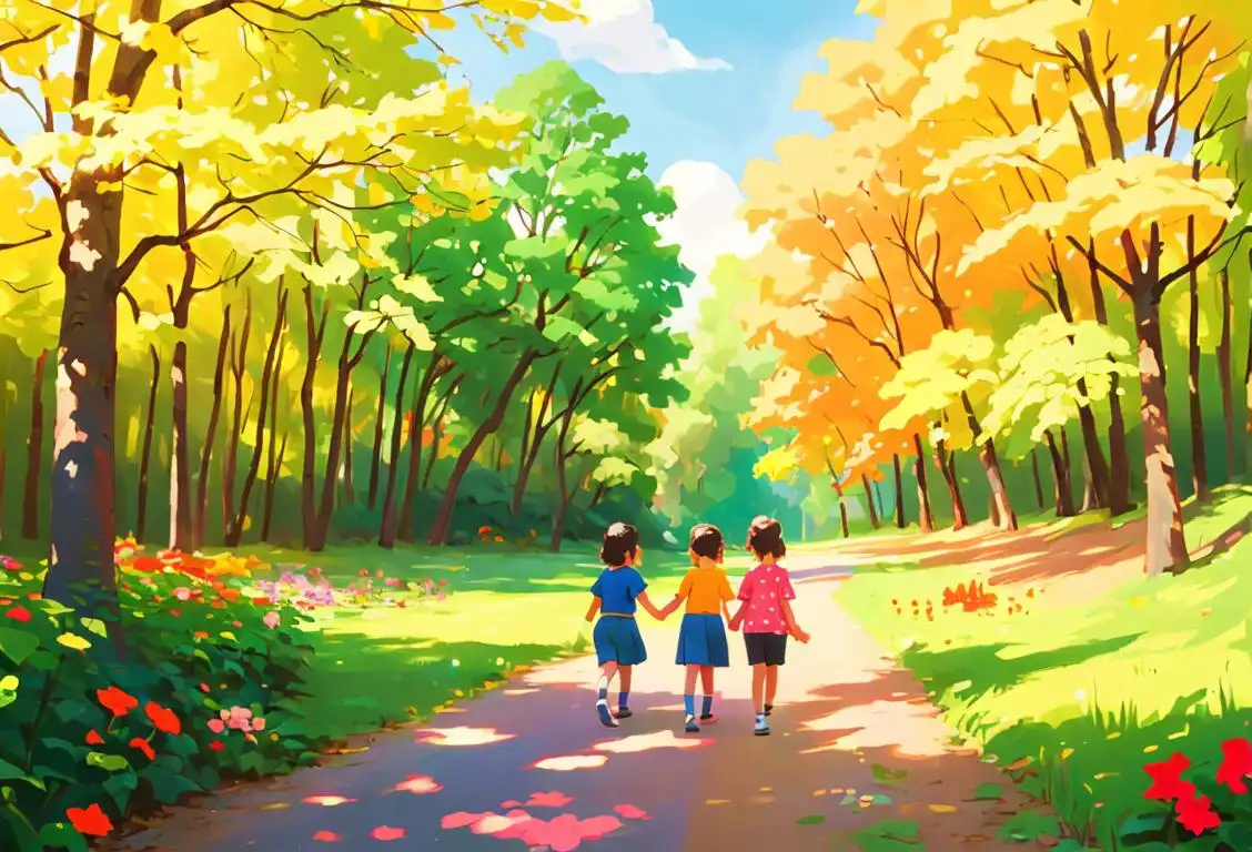 Young kids enjoying a sunny nature walk, wearing colorful clothes, forest setting with vibrant flowers and trees..