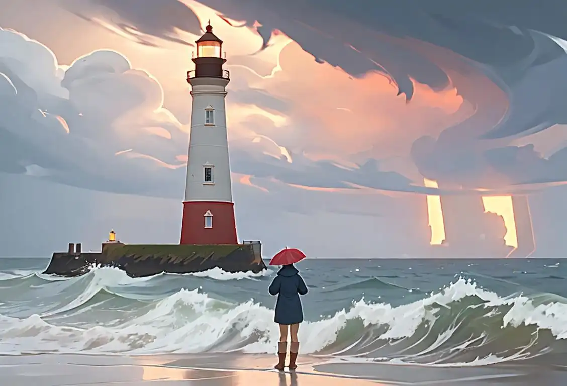 A meteorologist holding a weather map, wearing a raincoat, standing near a lighthouse with crashing waves in the background..
