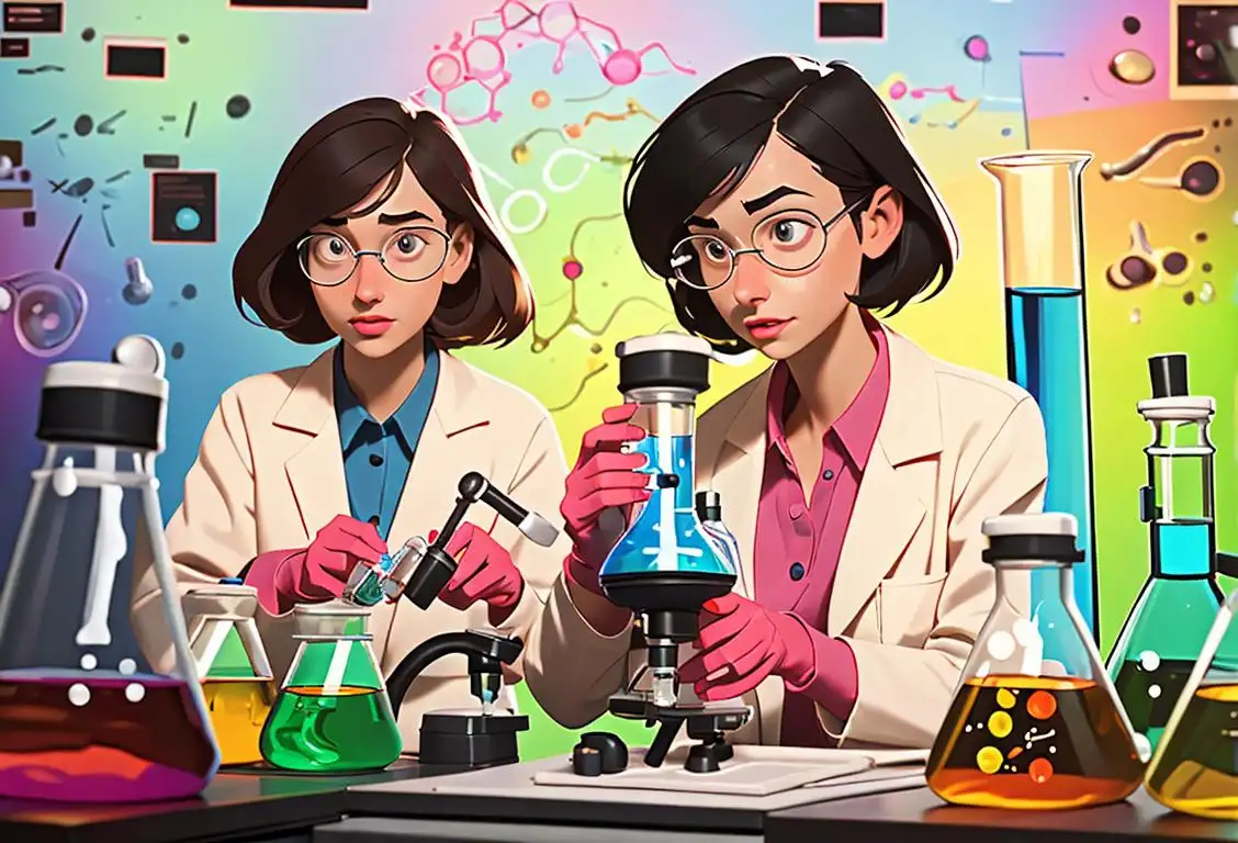 Group of diverse girls in lab coats, holding beakers and microscopes, surrounded by colorful science equipment and a backdrop of a science laboratory..