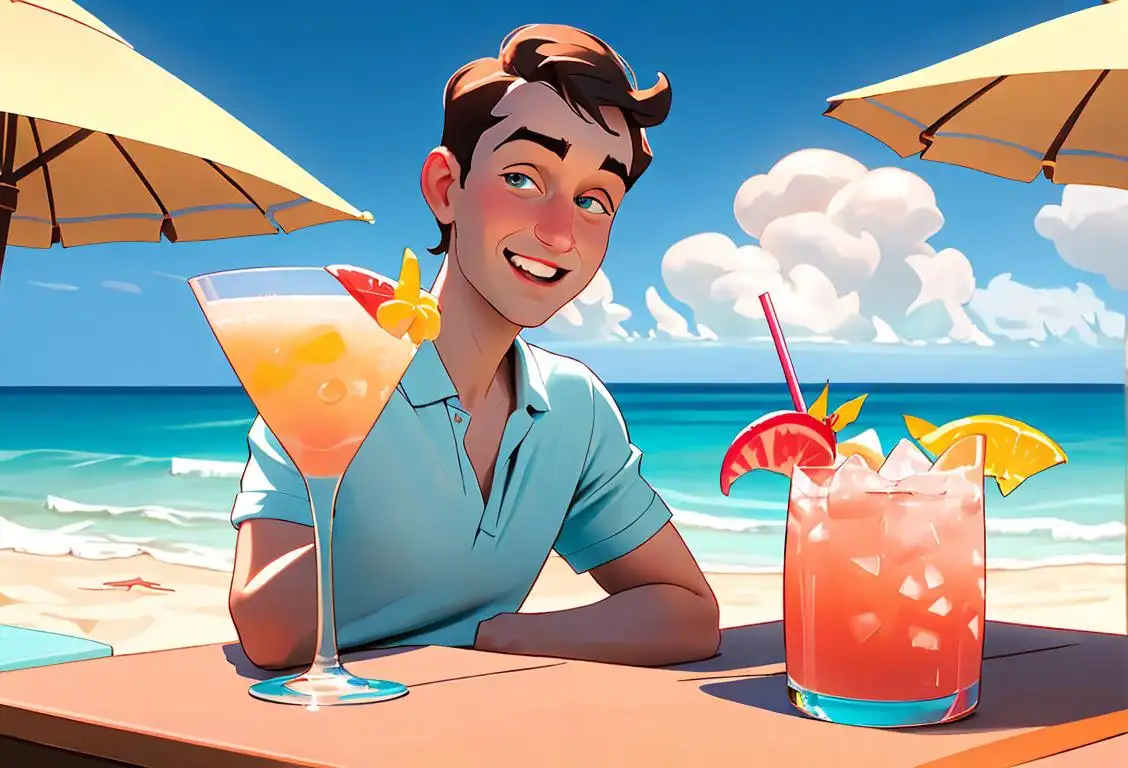 A cheerful person holding a cocktail named 'Harvey Wallbanger', dressed in casual beach attire, enjoying a tropical beach setting..