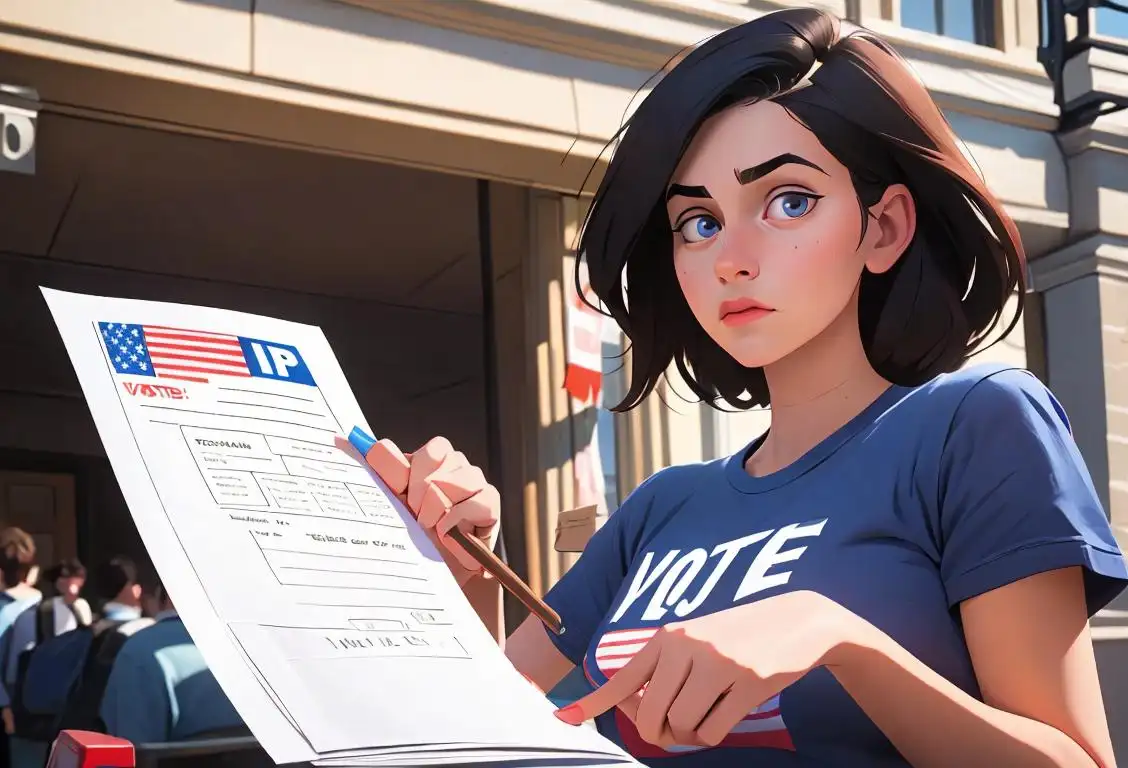 Young woman holding a voter registration form, wearing a patriotic t-shirt, in a bustling civic center.