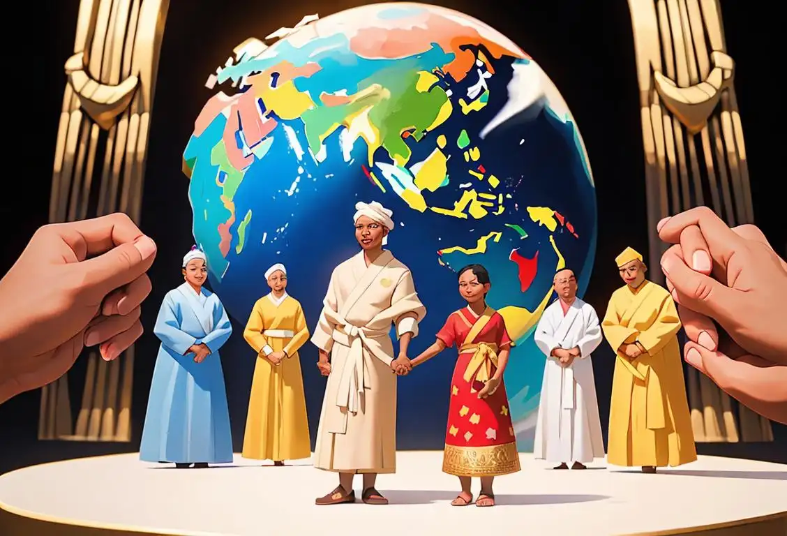 A diverse group of people, dressed in cultural attire, holding hands and standing in front of an iconic landmark symbolizing world peace and unity..