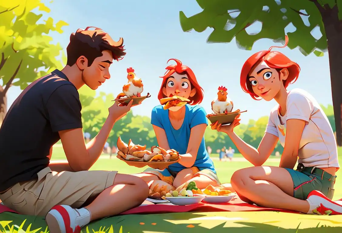 A group of friends at a picnic, enjoying a messy and flavorful feast of chicken wings on National Chicken Wing Day. They're dressed in casual summer outfits, surrounded by a sunny park backdrop..