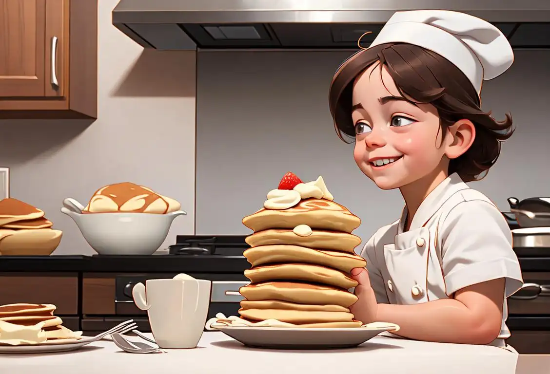 A happy child with a stack of fluffy pancakes, wearing a chef hat, cozy kitchen setting..