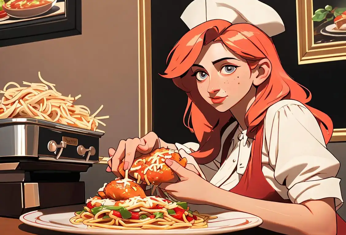 Young woman serving a plate of crispy chicken parmigiana with a side of spaghetti, wearing a classic Italian chef's hat, cozy Italian trattoria setting..