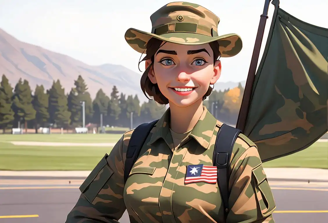 Young woman in National Guard uniform, smiling, wearing a camouflage hat, standing in front of American flag..