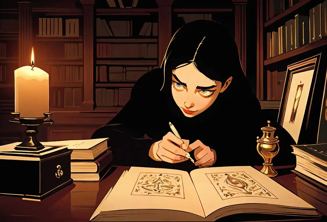 Person writing dark poetry with candlelight in a mysterious old library, surrounded by vintage books and an inkwell..