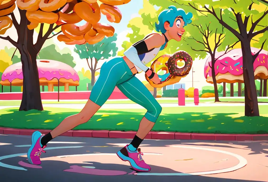 A person in running gear holding a tray of colorful doughnuts, surrounded by a park, showing a fun and active way to celebrate National Running Doughnut Day..