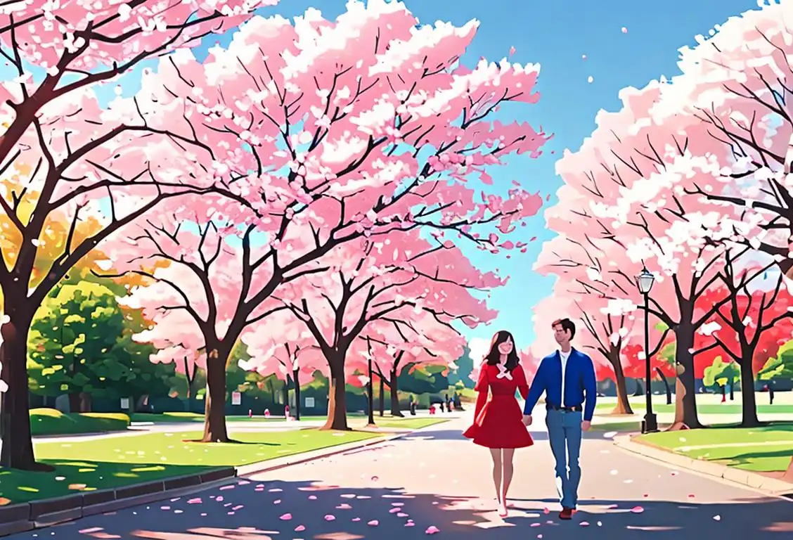 Young adults wearing red, white, and blue clothing, walking together with American flag in a park full of blooming cherry blossom trees..