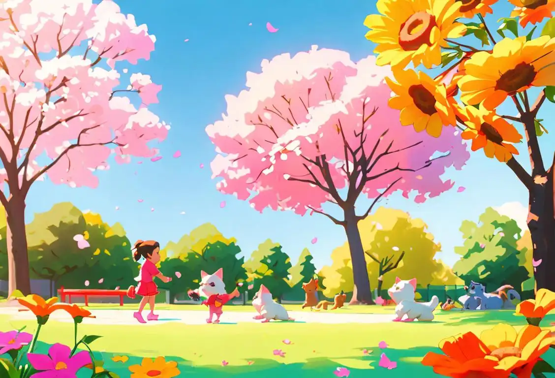 Children and their furry friends playing in a park, wearing bright and colorful outfits, surrounded by blooming flowers, sunny weather..