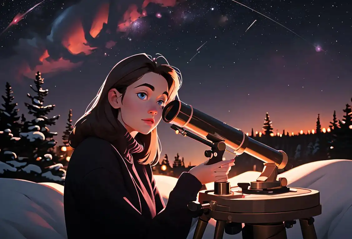 Young woman with a telescope, stargazing in a cozy backyard at dusk, wearing a cozy sweater, with a twinkling starry sky above..