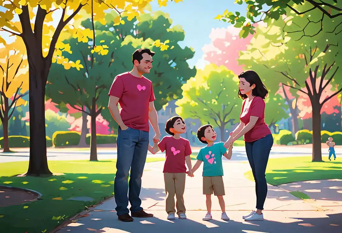 A loving family standing together, wearing matching t-shirts, outdoors in a beautiful park setting..