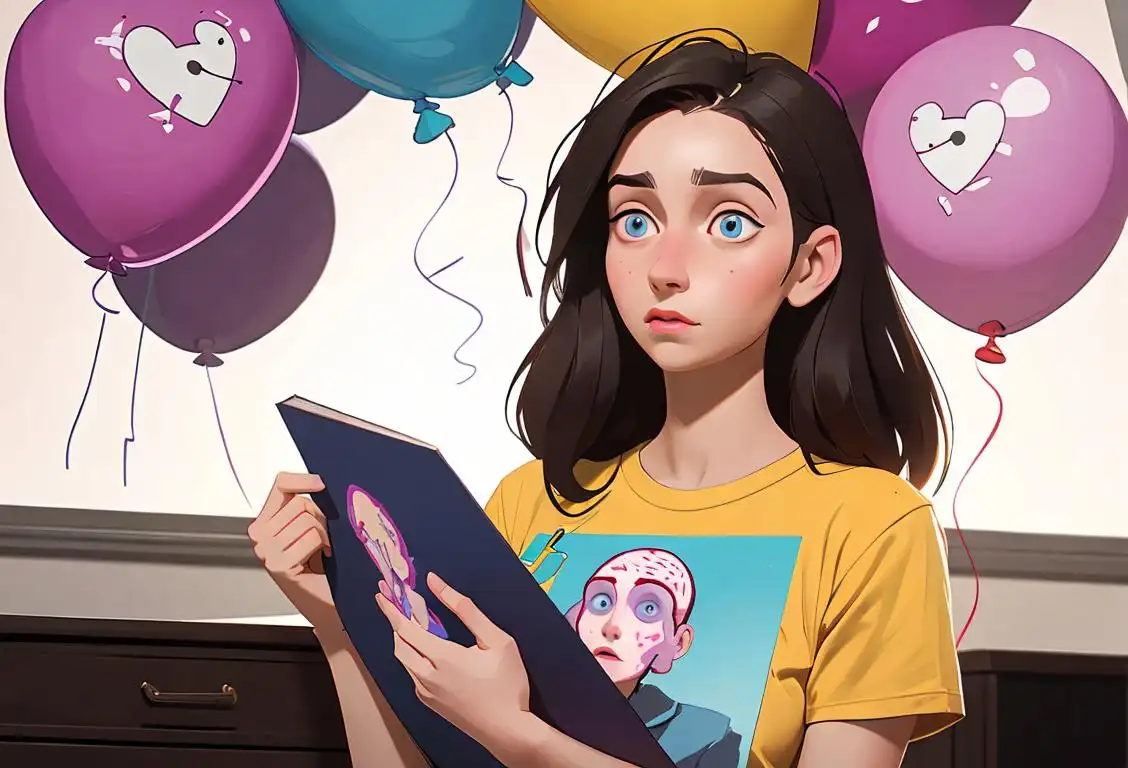 Young woman wearing a brain-printed t-shirt, holding a book, surrounded by brain-shaped balloons and a medical cross backdrop..