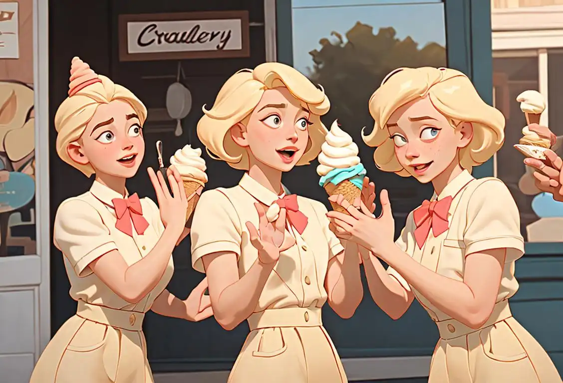 A group of friends wearing matching cream-colored outfits, high-fiving each other in front of a creamery, surrounded by delicious ice cream cones..