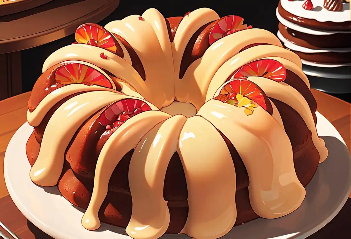 Close-up of a beautifully decorated bundt cake, placed on a vintage cake stand, surrounded by colorful fall foliage..