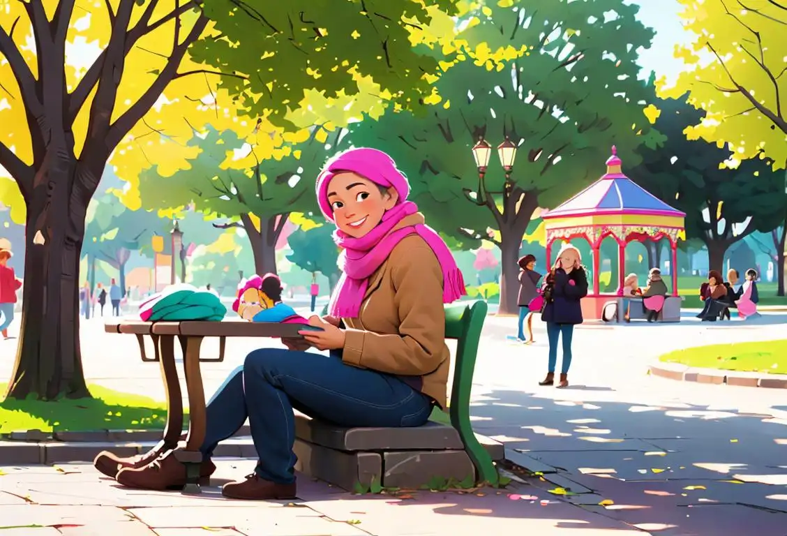 A smiling person sitting in a park, knitting a colorful scarf, while surrounded by curious onlookers..
