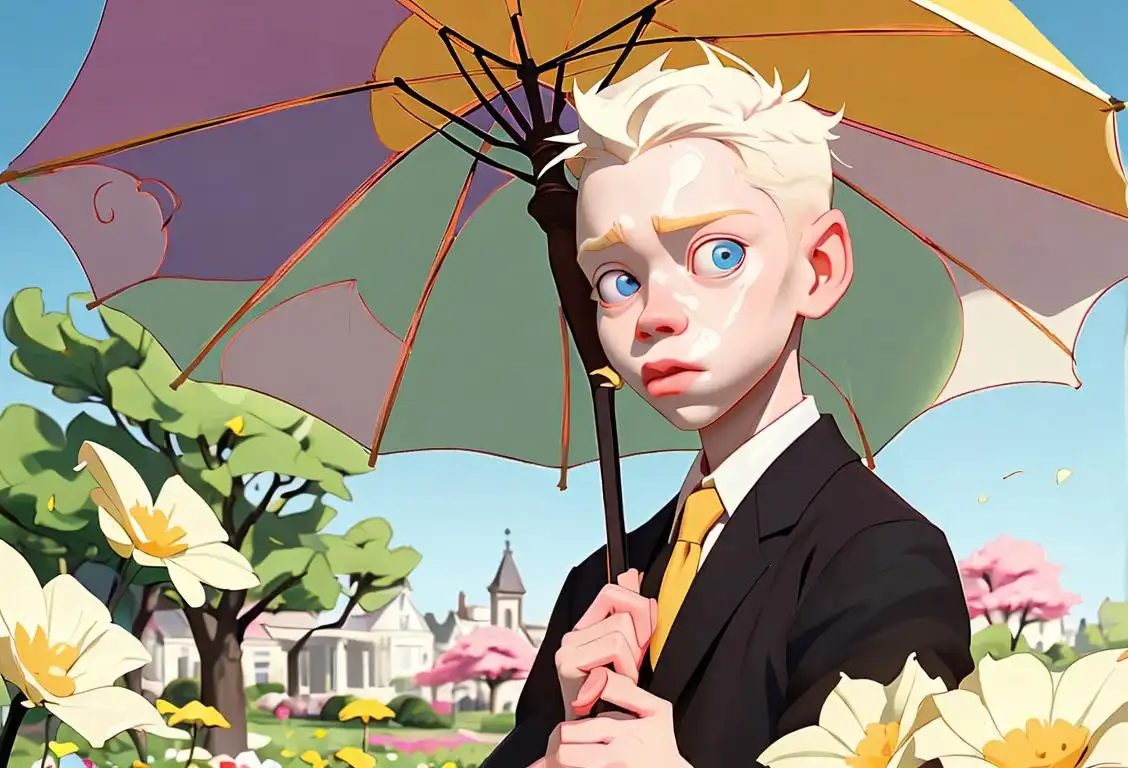 Young boy with albinism, holding a colorful parasol, in a sunny park filled with blooming flowers..