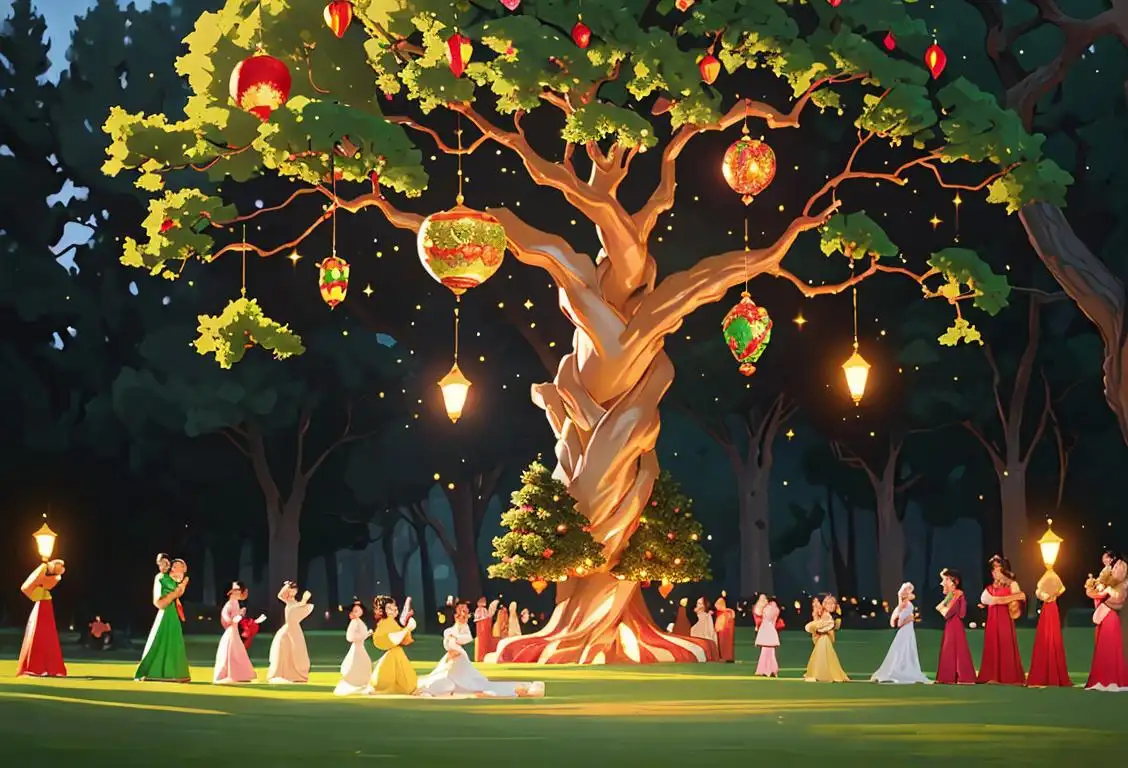 A majestic tree wearing a glamorous gown, adorned with sparkling lights and surrounded by a joyful gathering of people in festive attire..