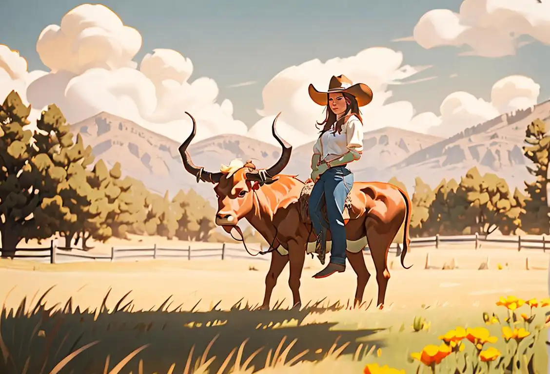 Cowboy or cowgirl standing beside a majestic longhorn with impressive horns, wearing a cowboy hat and western attire, beautiful ranch setting..