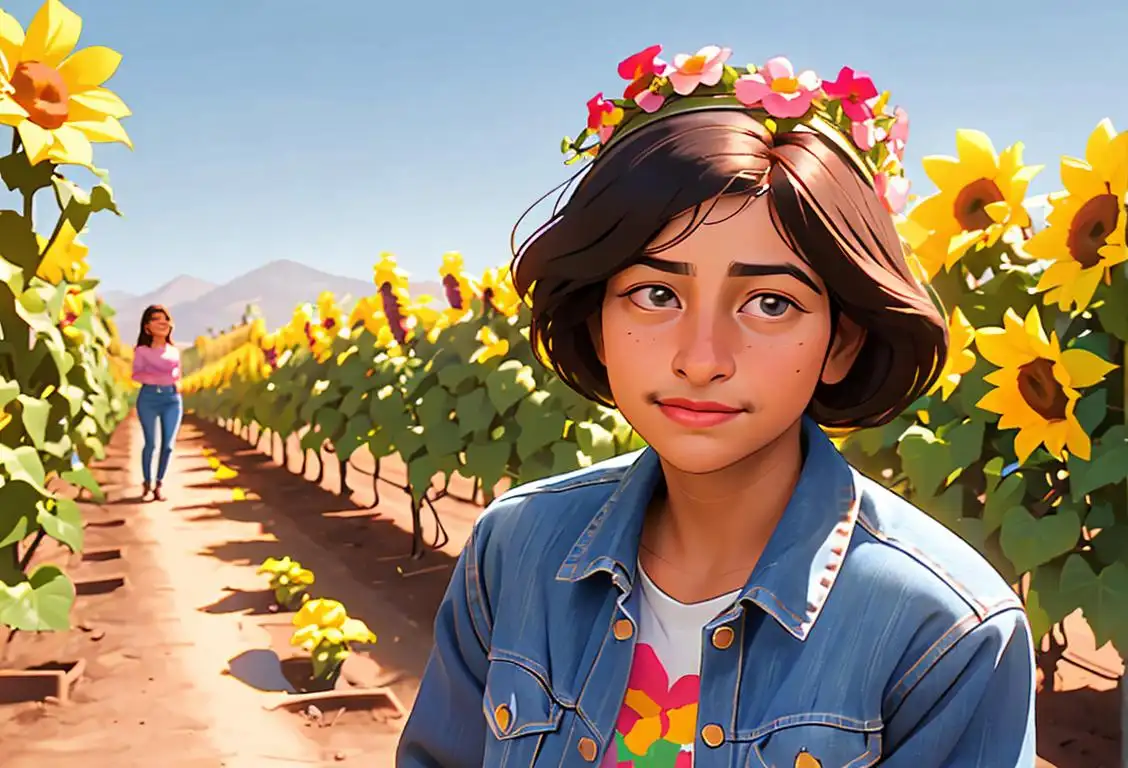 Young woman wearing a chic denim jacket, gardening in a sunny Californian vineyard, honoring Cesar Chavez with a vibrant floral crown..