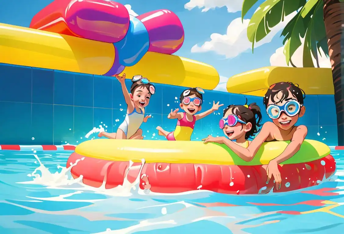 Joyful children splashing around in a pool, wearing swim caps and goggles, surrounded by colorful water pumps and inflatable toys..