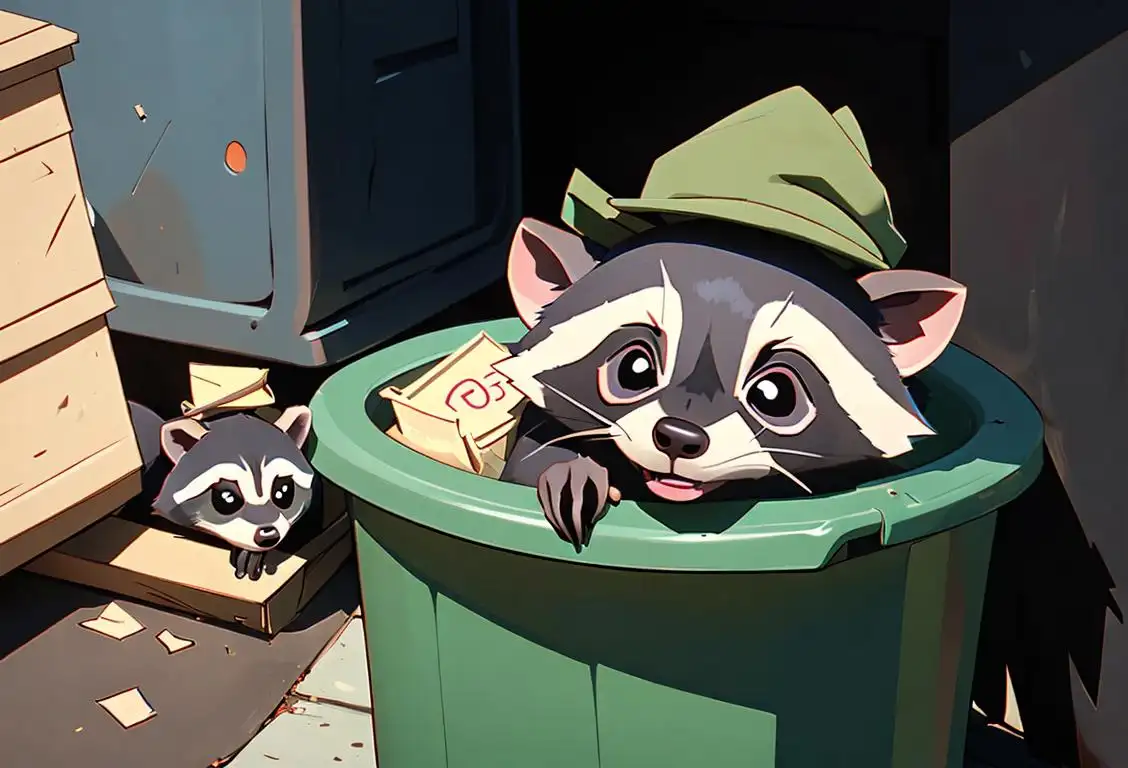 Cute raccoon peeking its head out of a trash can, wearing a little explorer hat, urban neighborhood scenery..