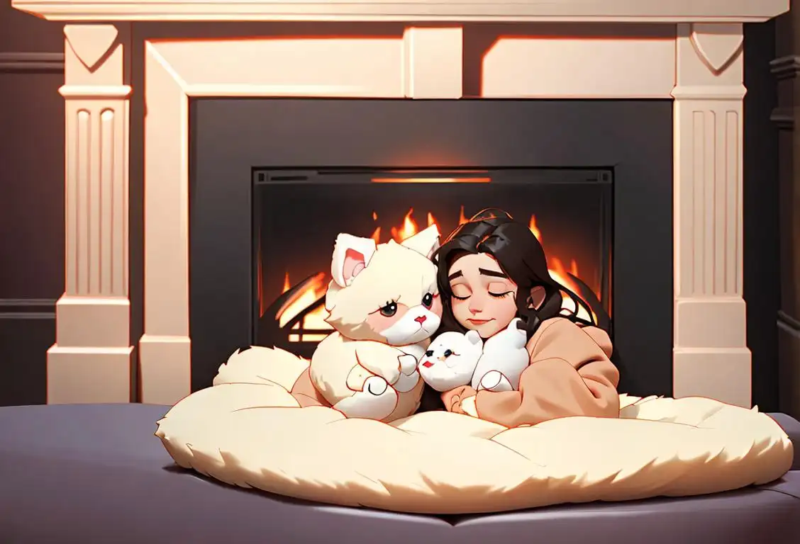 Two people snuggled up on a couch, surrounded by fluffy blankets and cute stuffed animals, with a cozy fireplace in the background..