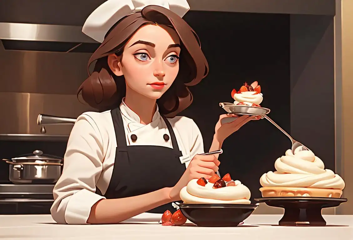 Young woman enjoying a spoonful of fluffy mousse, wearing a chef's hat, vibrant kitchen filled with utensils and delicious desserts in the background.