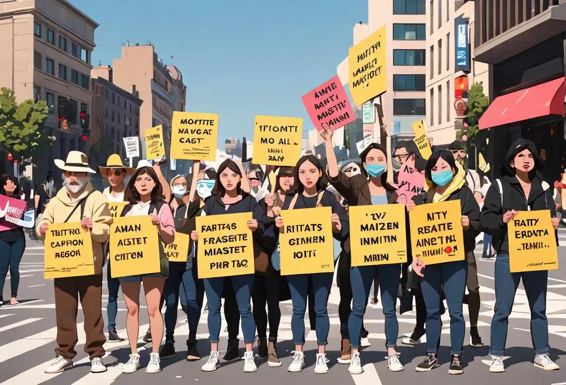 A group of diverse people, each holding up signs with different facts written on them, wearing casual, modern fashion, in a vibrant city street setting..