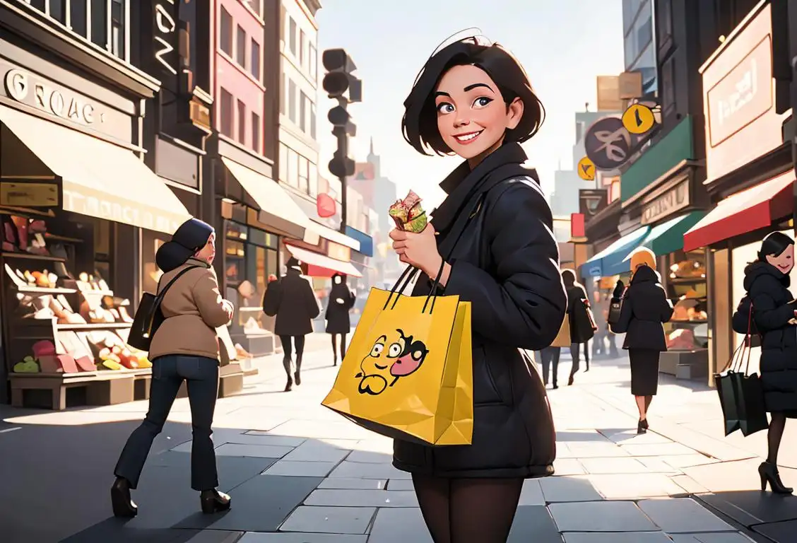 A friendly person holding a shopping bag, wearing a smile, ready to return unwanted items, surrounded by bustling city streets and fashionably dressed individuals..