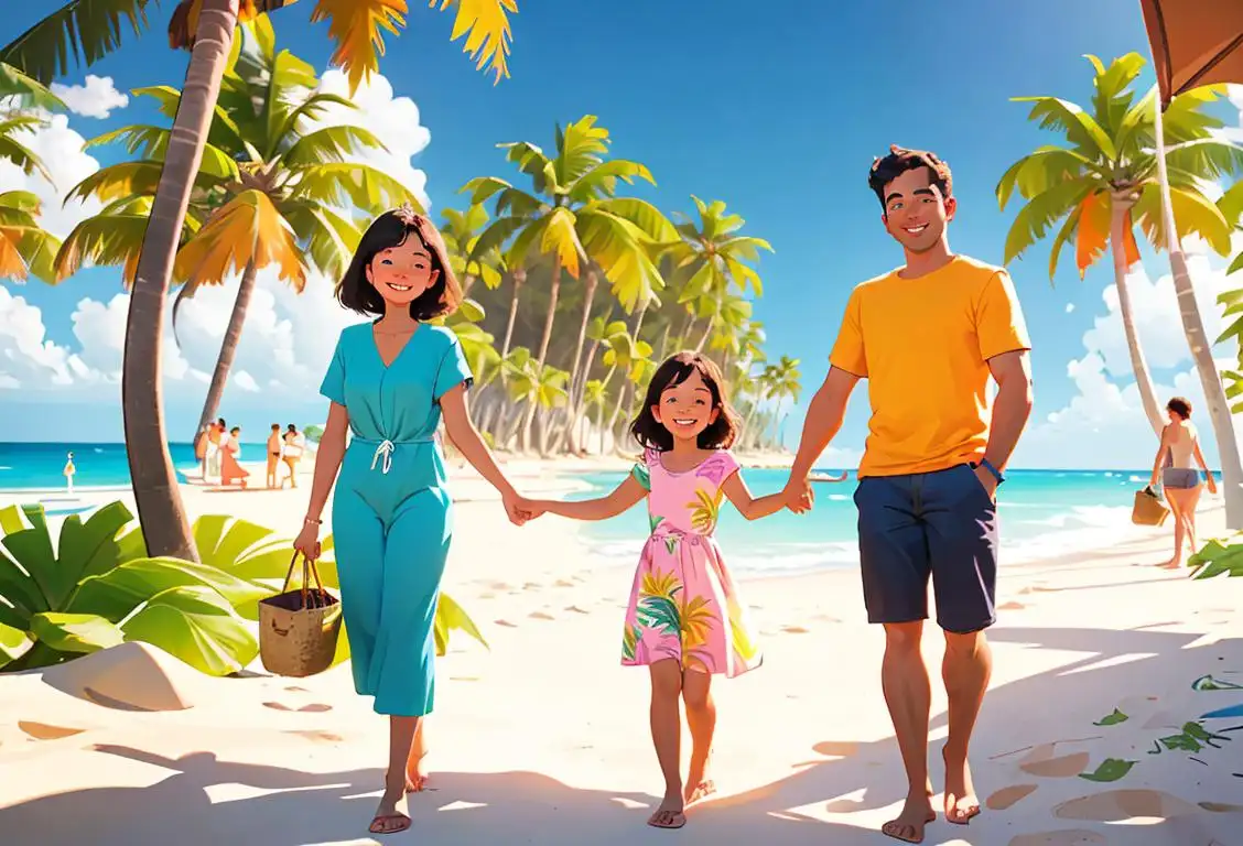 A smiling family in beach attire, holding a map, surrounded by palm trees and tropical vibes..