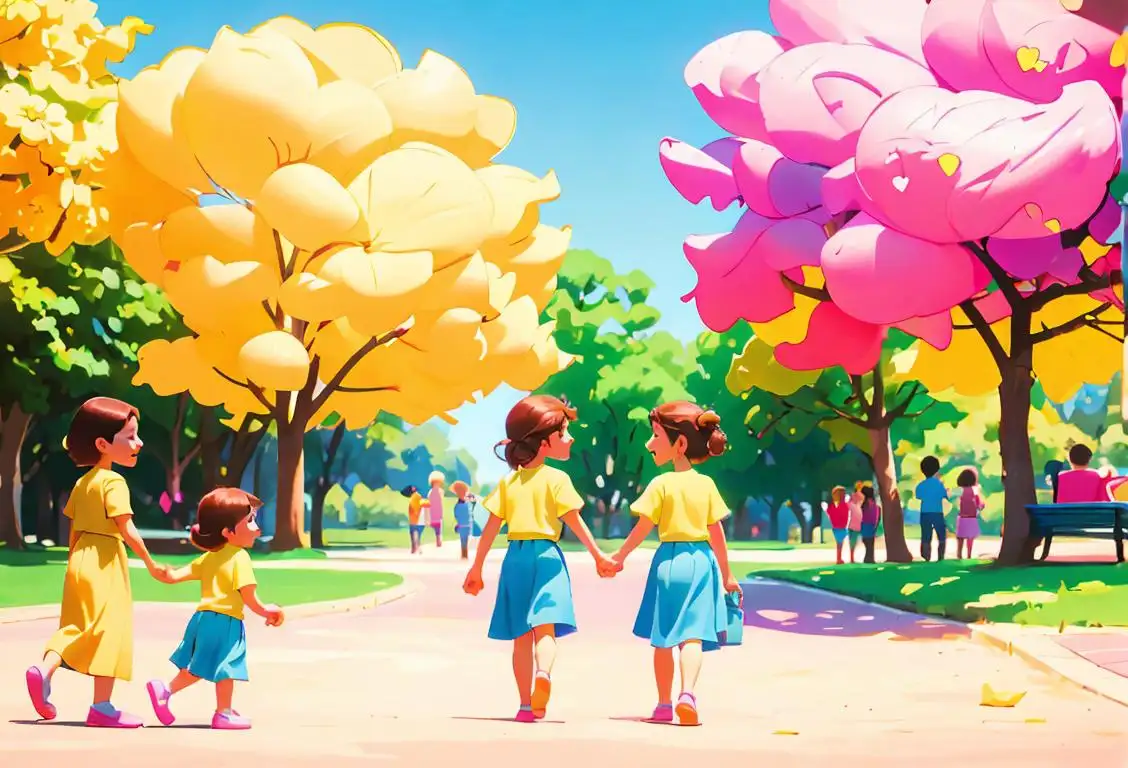 A group of children holding hands and smiling brightly, wearing colorful clothes, playing in a sunny park..