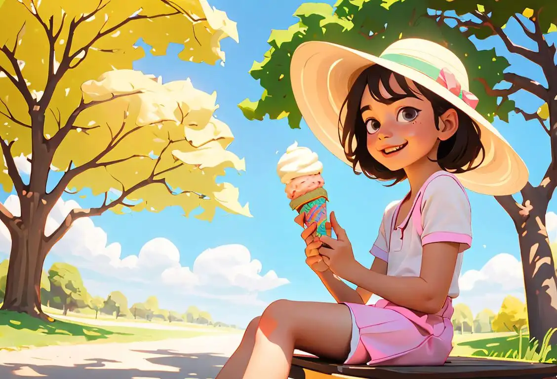 A joyful child, wearing a sun hat, sitting under a tree with an ice cream sandwich in hand, enjoying a sunny summer day..