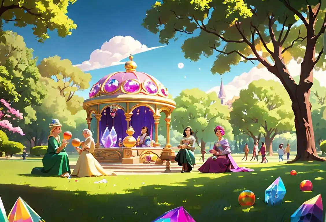 A diverse group of people gathered around a crystal ball, dressed in different styles from different eras, in a park setting..