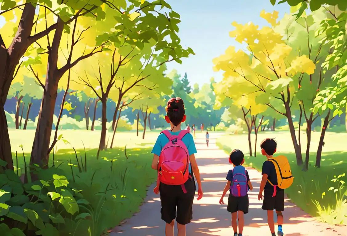 A group of diverse children wearing colorful backpacks and sporting matching t-shirts, exploring a nature trail..