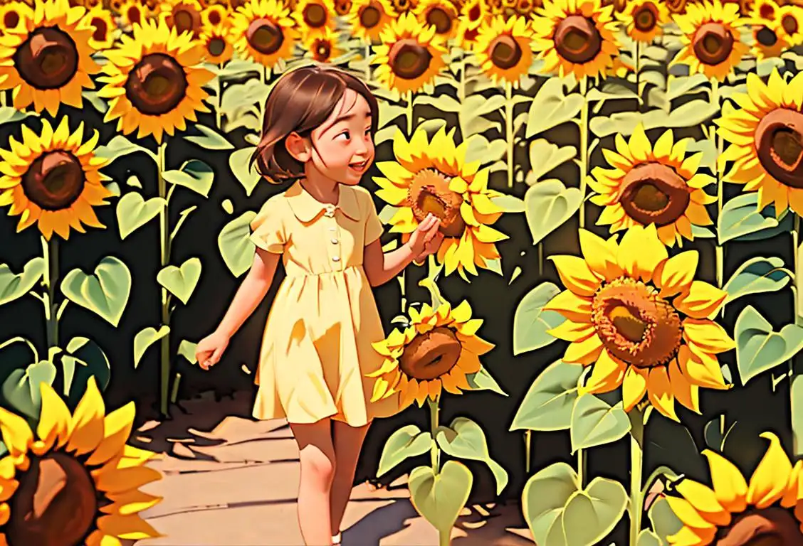 A beautiful field of sunflowers bathed in golden sunlight, with people of all ages enjoying the vibrant blooms. From a young child in a sunflower-patterned dress to an elderly couple taking a leisurely stroll, everyone is captivated by the joy and optimism that sunflowers bring. The scene is set in a picturesque countryside, with rolling hills and a peaceful blue sky. The people are wearing summer attire, with sundresses, t-shirts, and shorts, embodying the carefree spirit of National Sunflower Day..