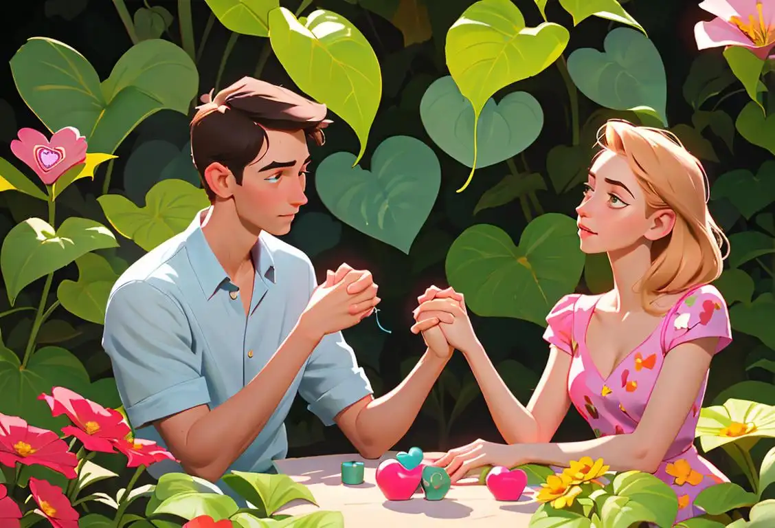 Young couple holding hands in a botanical garden, dressed in casual attire, surrounded by flowers and a heart-shaped viagra pill art installation..