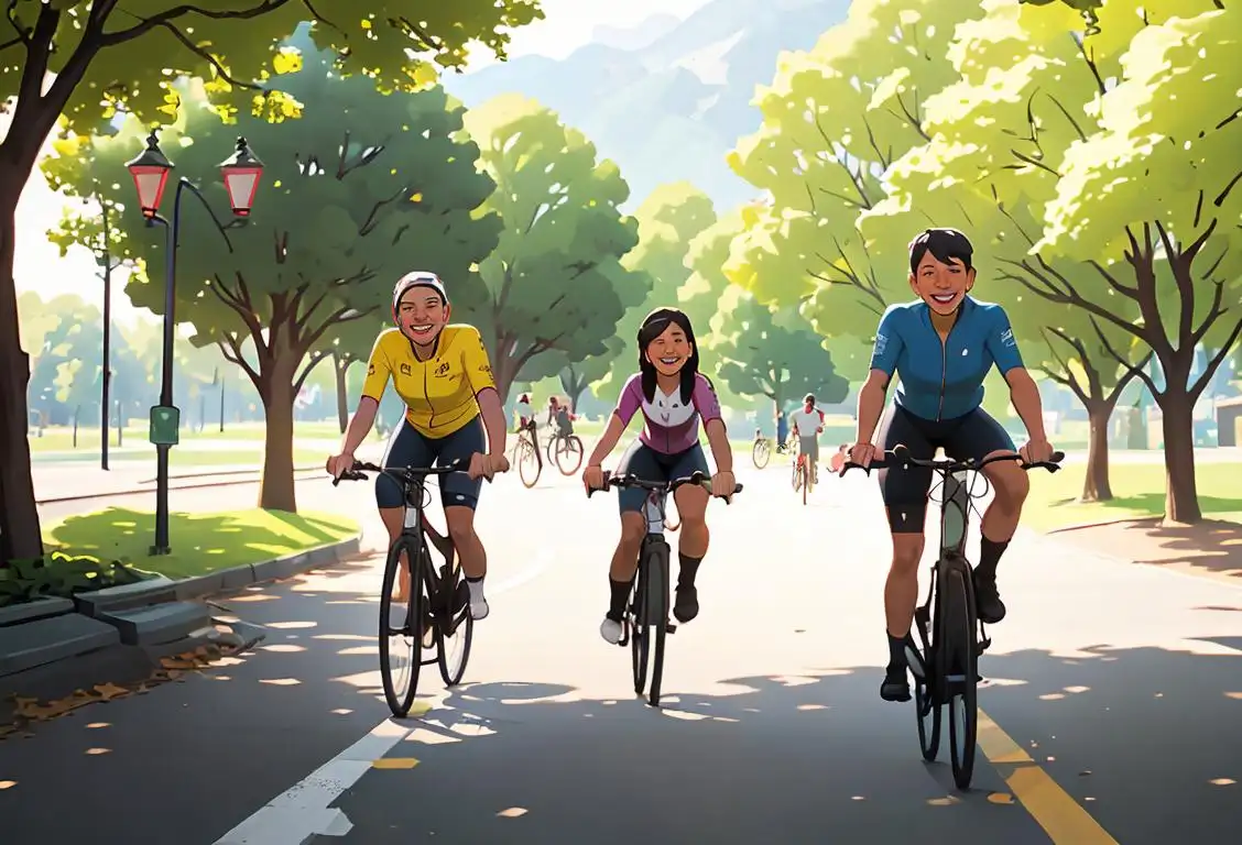 A group of diverse individuals, wearing different biking attire, smiling and riding their bikes in a scenic park setting..