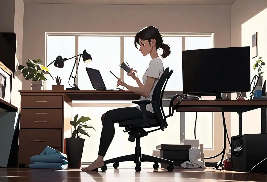 A person tidying up their virtual desktop on a computer, wearing casual attire, in a modern home office setting..