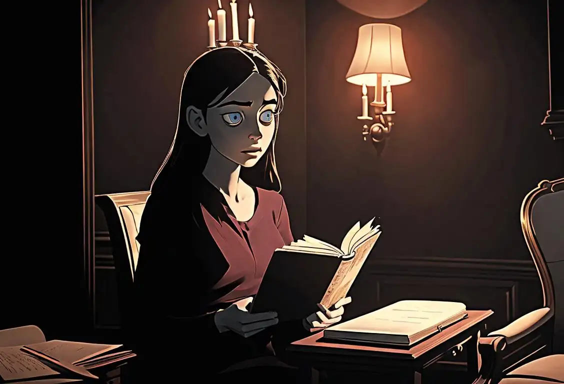 Young woman sitting in a dimly lit room, reading creepy stories on a laptop, surrounded by eerie decor and flickering candles..