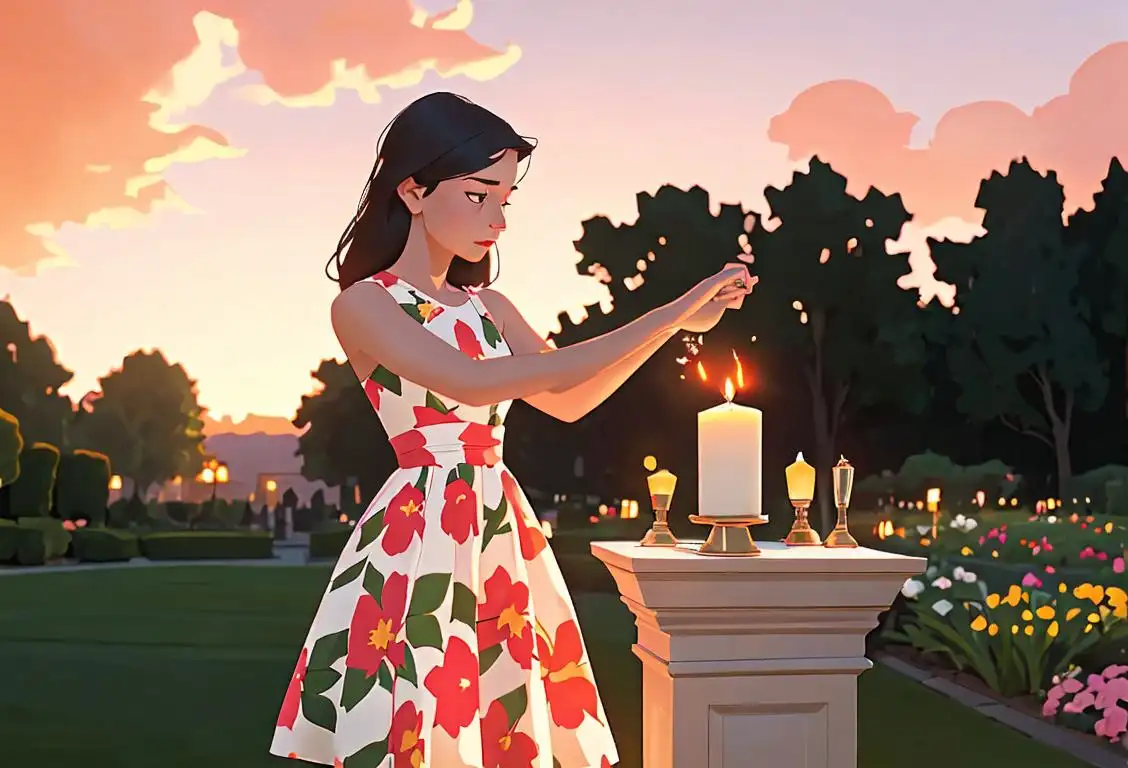 Young woman lighting a candle at sunset, wearing a floral dress, serene garden setting with a flag..